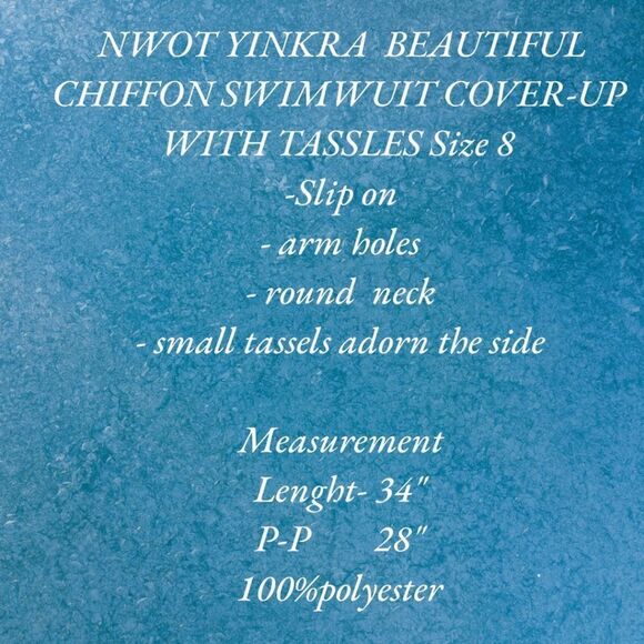 🦋YINKRA White Chiffon Slip on SWIMWUIT COVER-UP round neckline tassles size 8 - Picture 9 of 9
